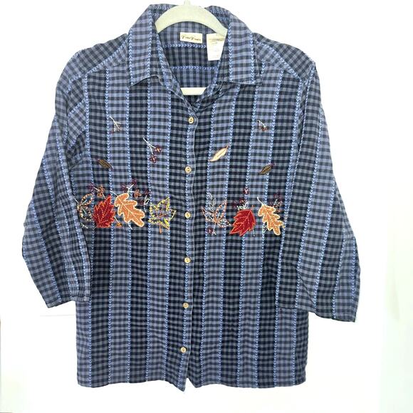 Bobbie Brooks Small 100% Cotton Navy Check Shirt Fall Leaf Embroidery VTG 90s - Picture 1 of 6